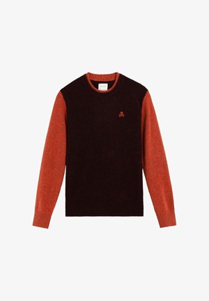 Knit sweater with a black body, red sleeves, and ribbed cuffs. Features a small red skull logo on the chest. Soft texture, crew neckline.