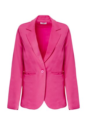 Roze op maat gemaakte blazer met lange mouwen, eenknopsluiting en twee voorkruiden. Glad stof met een licht glanzende afwerking.