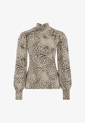 Dugi rukav majica s visokim ovratnikom, izrađena od tkanine s smeškim uzorkom leopard jarke smeđe boje na svijetlo bež pozadini.