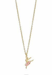 Gul kædelys med en kaninvedhæng prydet med rosa ædelsten, der viser et detaljeret design og en glat tekstur.