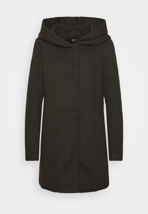 Manteau à capuche vert foncé au design droit, à manches longues et avec une ouverture à l'avant. Fabriqué à partir d'un tissu texturé et chaud.