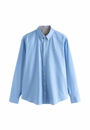 Helesinine puuvillane särk, millel on klassikaline krae, pikad varrukad ja krae seest ruuduline muster.