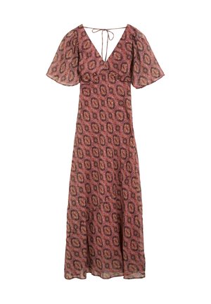 Vestido largo rosa con estampado, mangas cortas acampanadas, escote en V y un lazo fino en la parte trasera del cuello.