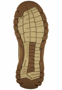 Braune Gummisohle mit tiefen Rillen, ausgestattet mit einer beigen Zwischensohle und Einkerbungen. Markierungen umfassen "Dockers" und Modellnummer "D53KL."