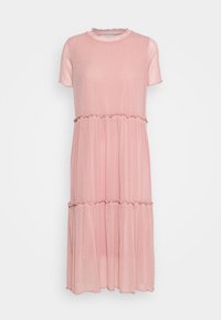 Jasnoróżowa sukienka z krótkimi rękawami, z dopasowaną górą i falbanistymi warstwami. Wykonana z miękkiego, przejrzystego materiału, z okrągłym dekoltem i zwiewnym krojem.