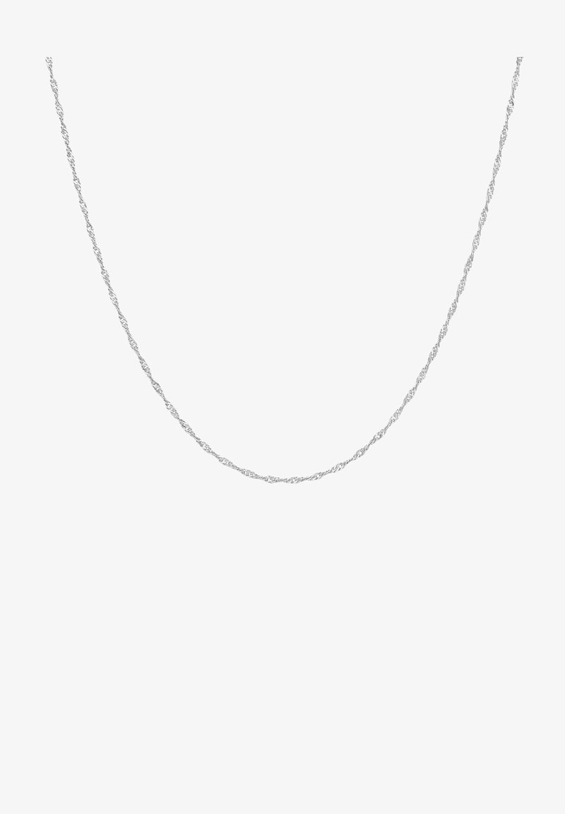 Hõbedane keerutatud kett, millel on saleda, köitja sarnane disain ja särav viimistlus, mis näitab detailset tekstuuri kogu oma pikkuses.