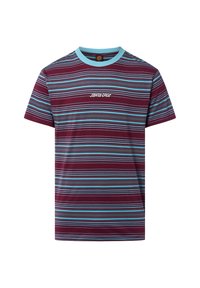 Maroon striped t-shirt with horizontal blue and gray lines, featuring a light blue collar and a white logo on the front.