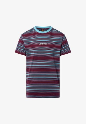Bordeaux gestreepte t-shirt met horizontale blauwe en grijze strepen, met een lichtblauwe kraag en een wit logo aan de voorkant.