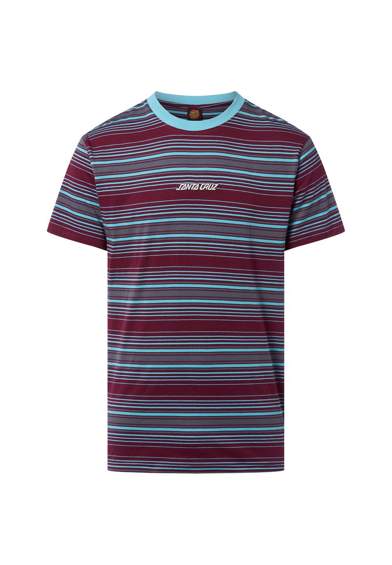 Maroon striped t-shirt with horizontal blue and gray lines, featuring a light blue collar and a white logo on the front.