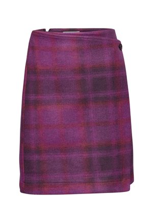 Una gonna a scacchi viola con un design a bottoni e avvolgente, dalla texture morbida e con un taglio dritto. Adatta per varie occasioni.