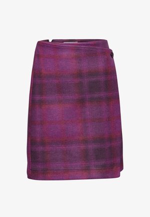 Une jupe en tartan violet avec un design à boutons et portefeuille, dotée d'une texture douce et d'une coupe droite. Convient à diverses occasions.