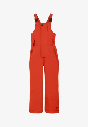 Red snow overalls with adjustable straps, front fastening, and zippered pockets. Made of waterproof material with a smooth texture.