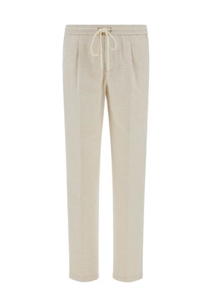 Beige, lightweight fabric pants with an elastic waistband and drawstring. Features two front pleats and straight legs.