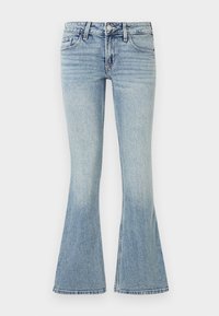 Svetlomodré rozšírené džínsy vyrobené z denimu, s predným zapínaním na gombík, piatimi vreckami a jemným zafarbením pozdĺž nôh.