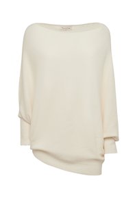 Maglione beige chiaro con scollo a spalle scoperte, realizzato in tessuto morbido, con maniche lunghe e una vestibilità rilassata con orlo leggermente curvo.