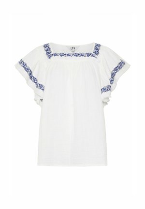 Witte korte mouwen blouse met geplooide mouwen en blauwe bloemrijke borduursels langs de vierkante halslijn en mouwranden.