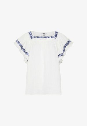 Witte korte mouwen blouse met geplooide mouwen en blauwe bloemrijke borduursels langs de vierkante halslijn en mouwranden.