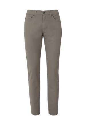 Schlanke, hellbraune Baumwollhose mit glatter Textur, klassischem Fünf-Taschen-Design und vorderem Knopfverschluss.