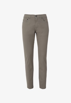 Slim-fit, lichtbruine katoenen broek met een gladde textuur, standaard vijf-pocket ontwerp en sluiting met knoop aan de voorkant.