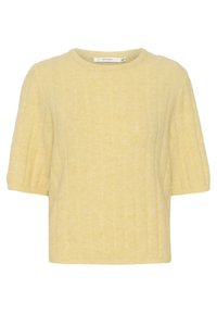 Mjuk ribbad gul kortärmad tröja med rund halsringning och subtila puffärmar, med etikett "Gestuz" inuti kragen.