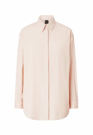 Svijetloružičasta košulja na kopčanje s uspravnim bijelim prugama, dugim rukavima, špicastim ovratnikom i ravnim rubom. Ima suptilan detalj s logotipom.
