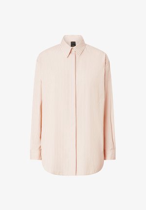 Svijetloružičasta košulja na kopčanje s uspravnim bijelim prugama, dugim rukavima, špicastim ovratnikom i ravnim rubom. Ima suptilan detalj s logotipom.