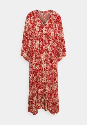 Vestido maxi rojo con escote en V y mangas murciélago. Presenta una tela ligera y fluida con un patrón floral marfil.