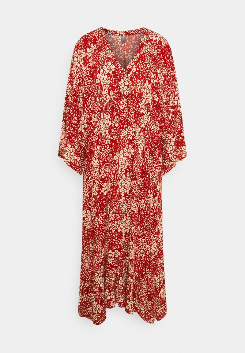 Röd blomstermaxiklänning med V-ringad hals och batwingärmar. Har ett lätt, flödande tyg med ett elfenbensfärgat blommönster.