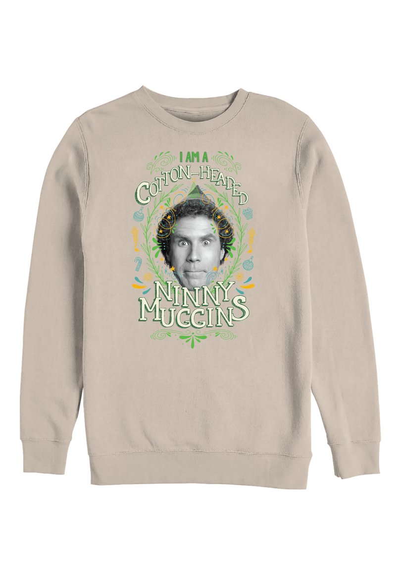 Felpa di cotone beige con un design grafico recante la scritta "I AM A COTTON-HEADED NINNY MUGGINS" e un'illustrazione stilizzata in bianco e nero di un volto.