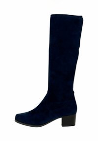 Bota de ante azul marino hasta la rodilla con punta cuadrada y un tacón grueso, con sutilezas de costura a lo largo de los lados.