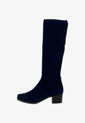 Marineblaue Wildlederstiefel bis zum Knie mit eckiger Zehenform und einem klobigen Blockabsatz, der dezente Nähte an den Seiten aufweist.