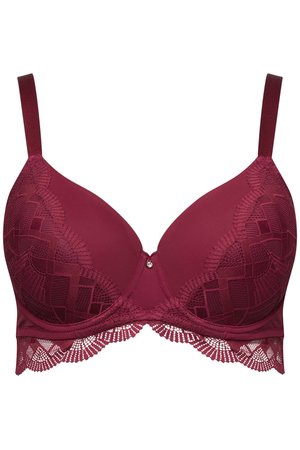 Bordeaux gepolsterter BH mit dekorativer Spitzenüberlagerung auf Cups und Unterbrustband, verstellbaren Trägern und kleinem zentralem Schmuckakzent.