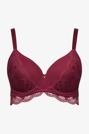 Bordeaux gepolsterter BH mit dekorativer Spitzenüberlagerung auf Cups und Unterbrustband, verstellbaren Trägern und kleinem zentralem Schmuckakzent.