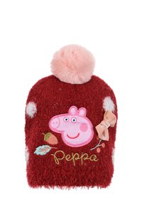 Gorro de punto rojo con pompon rosa, con un gráfico de Peppa Pig, hojas bordadas y un lazo decorativo. Textura suave y esponjosa, con lunares.