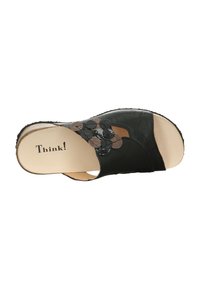 Zwarte leren slidesandalen met ronde zwartbruine accenten op het bovenwerk. Voorzien van een open teenontwerp en een geribbelde rubberen zool.