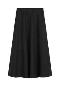 Jupe noire en ligne A, fabriquée en tissu léger, avec une coupe longueur genou, de subtils plis et une texture lisse.