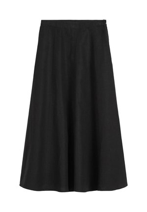 Black A-line skirt made of lightweight fabric, featuring a knee-length cut, subtle pleats, and a smooth texture.