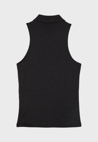 Haut noir sans manches à col montant près du corps, présenté à plat sur un fond uni gris clair.