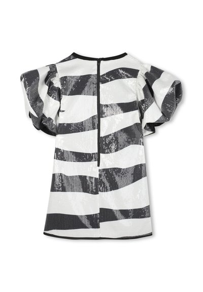 Fekete-fehér csíkos blúz puffos ujjakkal, flitteres díszítéssel és hátul cipzáros lezárással. Texturált anyag fényes felülettel.