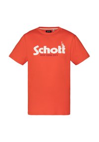 Camiseta de algodón roja con el texto "Schott" y "NEW YORK CITY" en blanco, con una gráfica de la Estatua de la Libertad. Diseño de manga corta y cuello redondo.