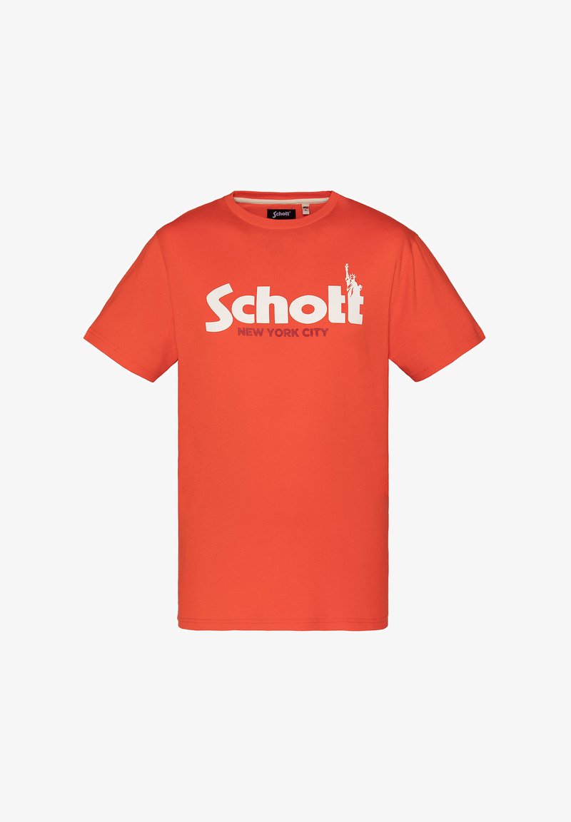 Camiseta de algodón roja con el texto "Schott" y "NEW YORK CITY" en blanco, con una gráfica de la Estatua de la Libertad. Diseño de manga corta y cuello redondo.