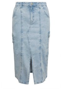 Ljusblå denimkjol med en framslits, flera fickor av cargo-typ och synliga sömdetaljer. Rak passform med en medellång design.