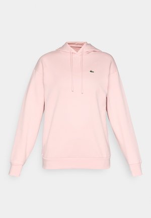 Roze hoodie van zachte stof met een trekkoordkap, ribbelmanchetten en -zoom. Bevat een klein groen logo op de bovenste linkerborst.