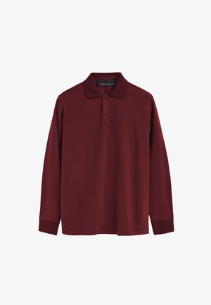 Polo a maniche lunghe bordeaux realizzato in tessuto morbido, con un colletto classico, una patta con tre bottoni e un piccolo logo ricamato.