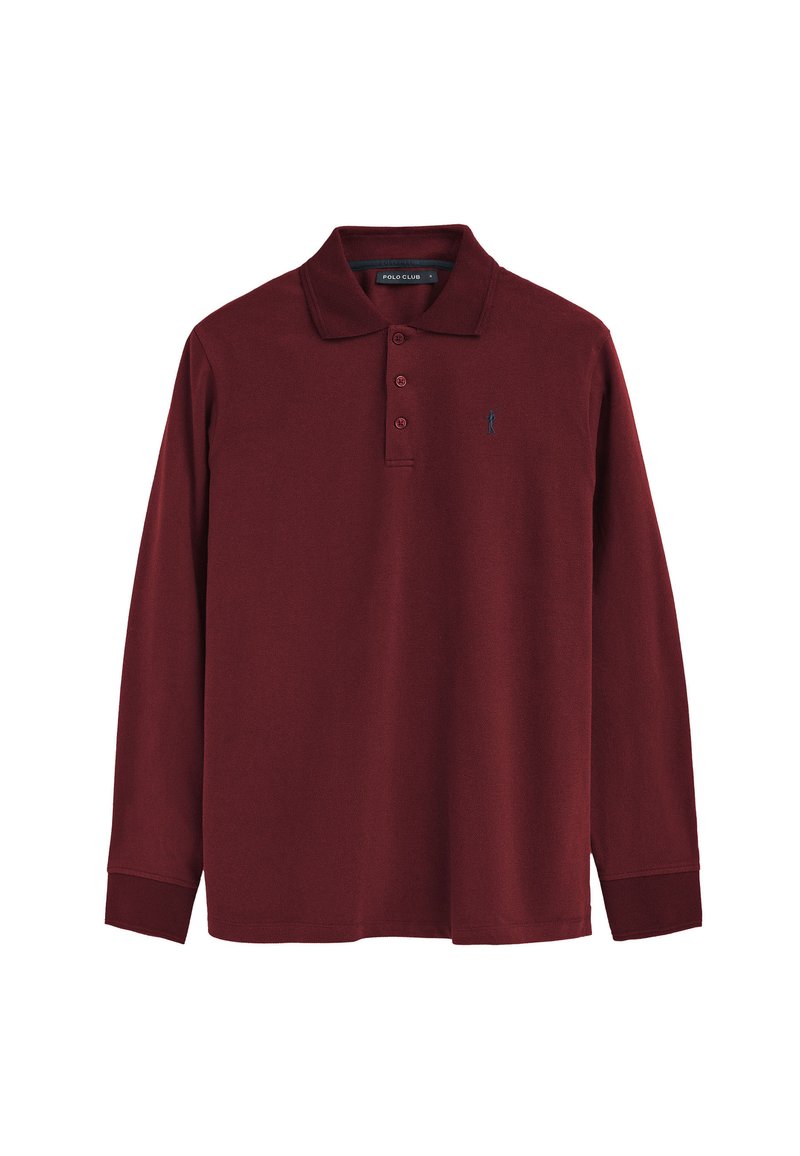 Burgunderfarbener Langarm-Polo-Shirt aus weichem Stoff, mit klassischem Kragen, Drei-Knopf-Leiste und kleinem gesticktem Logo.