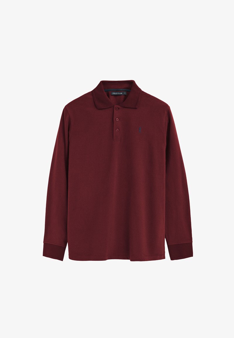 Burgunderfarbener Langarm-Polo-Shirt aus weichem Stoff, mit klassischem Kragen, Drei-Knopf-Leiste und kleinem gesticktem Logo.