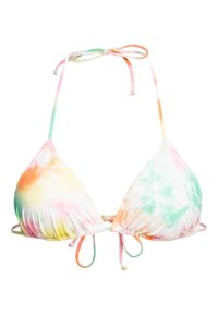 Triangel-bikini topp med batikkmønster i pastellfarger (rosa, grønn, gul) og justerbare bånd. Laget av mykt, elastisk materiale.