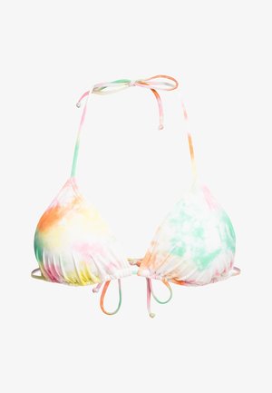 Top de bikini în formă de triunghi, cu model tie-dye în culori pastel (roz, verde, galben) și curele ajustabile. Fabricat dintr-un material moale, elastic.