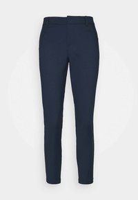 Pantaloni blu navy realizzati in tessuto elasticizzato, caratterizzati da una vestibilità slim, tasche laterali e una vita classica, con una texture liscia.