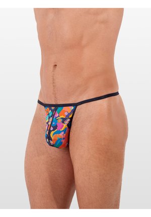 Colorful floral print thong with a dark blue background, featuring a thin elastic waistband and minimal coverage design.